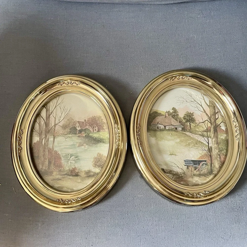 Vintage HomCo F. Massa Countryside Prints Set of 2, 1983 Oval Gold Framed Art